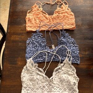 Free People Lace Bralette Set in Peach, Blue, and Grey